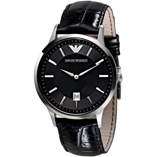 Emporio Armani Men’s Watch Leather Black Strap With Black Dial And Silver Case AR2411 Renato