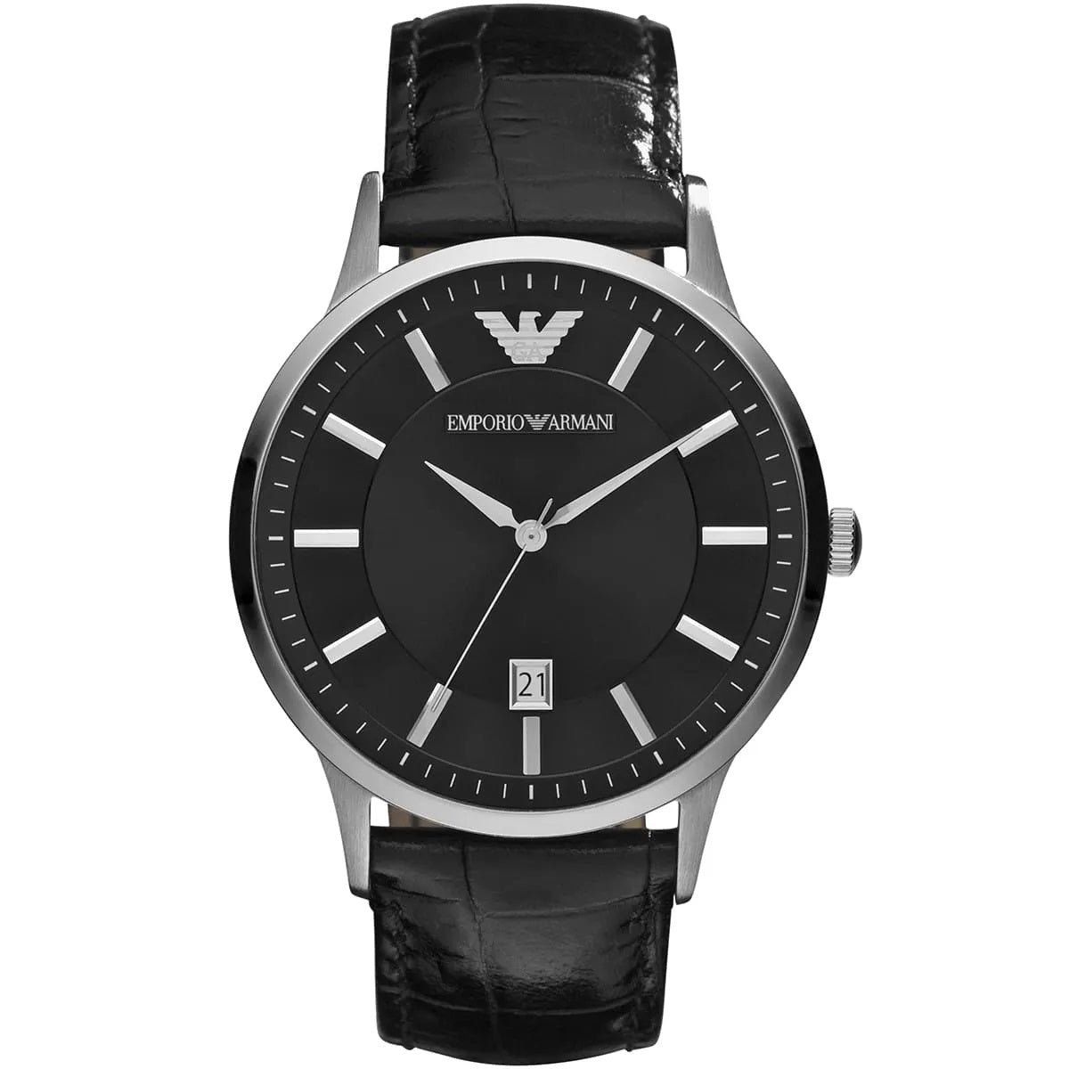 Emporio Armani Men’s Watch Leather Black Strap With Black Dial And Silver Case AR2411 Renato