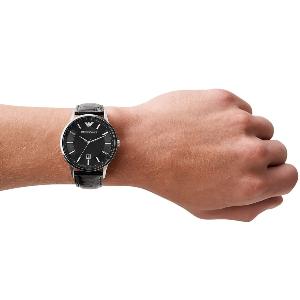 Emporio Armani Men’s Watch Leather Black Strap With Black Dial And Silver Case AR2411 Renato