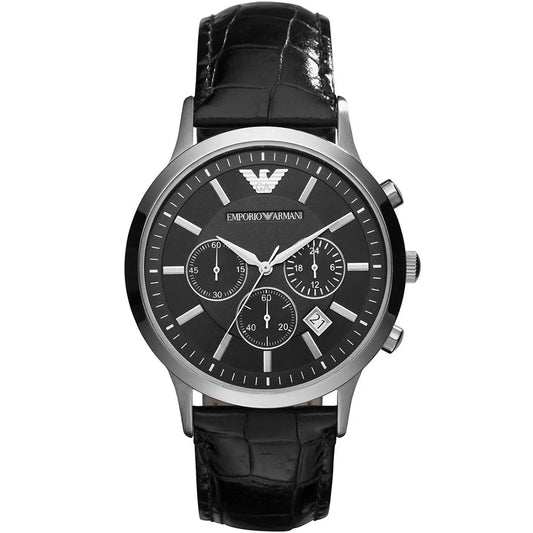Emporio Armani Men’s Watch Leather Black Strap With Black Dial And Silver Case AR2447 Renato