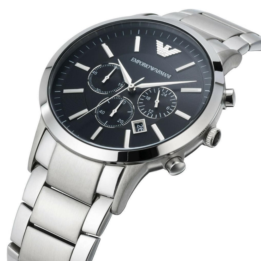 Emporio Armani Men’s Watch Stainless Steel Silver Bracelet With Black Dial AR2460 Renato