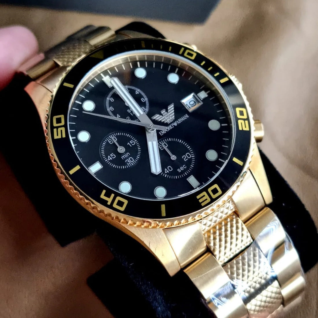 Emporio Armani Men’s Watch Stainless Steel Yellow Gold Strap With Black Dial AR5857