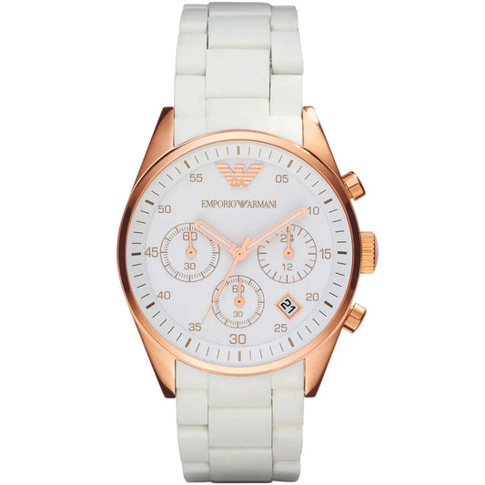 Emporio Armani Women's Watch Silicone White Strap With White Dial And Rose Gold Case AR5920 Sportivo