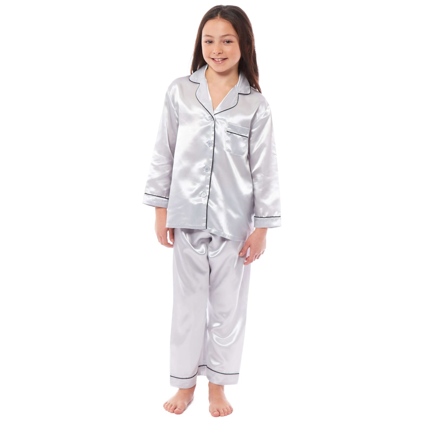 Girls Long Sleeve Satin Silk Pyjama Set Comfortable Button-Down Sleepwear in Black Pink Grey Sizes 5-14 YRS by Daisy Dreamer