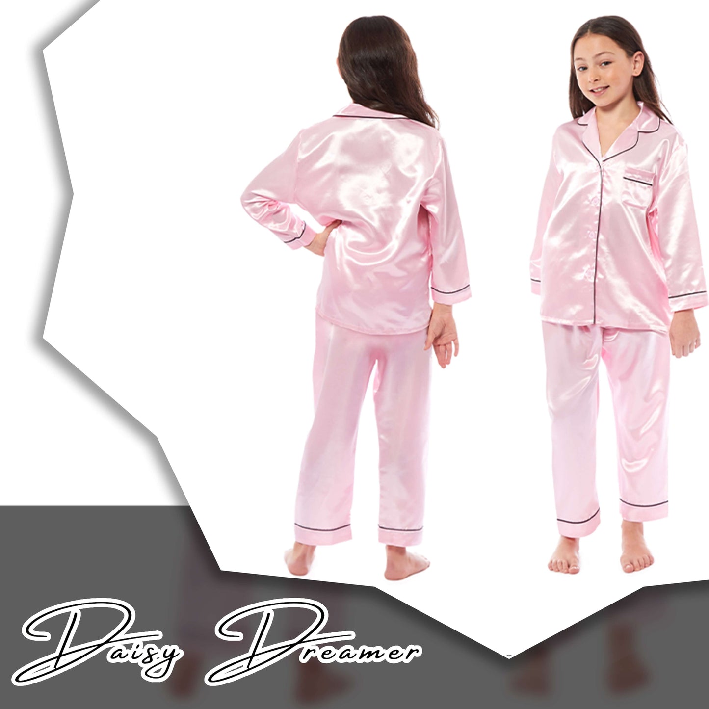 Girls Long Sleeve Satin Silk Pyjama Set Comfortable Button-Down Sleepwear in Black Pink Grey Sizes 5-14 YRS by Daisy Dreamer