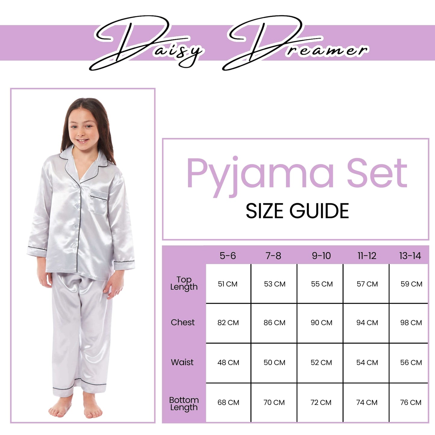 Girls Long Sleeve Satin Silk Pyjama Set Comfortable Button-Down Sleepwear in Black Pink Grey Sizes 5-14 YRS by Daisy Dreamer