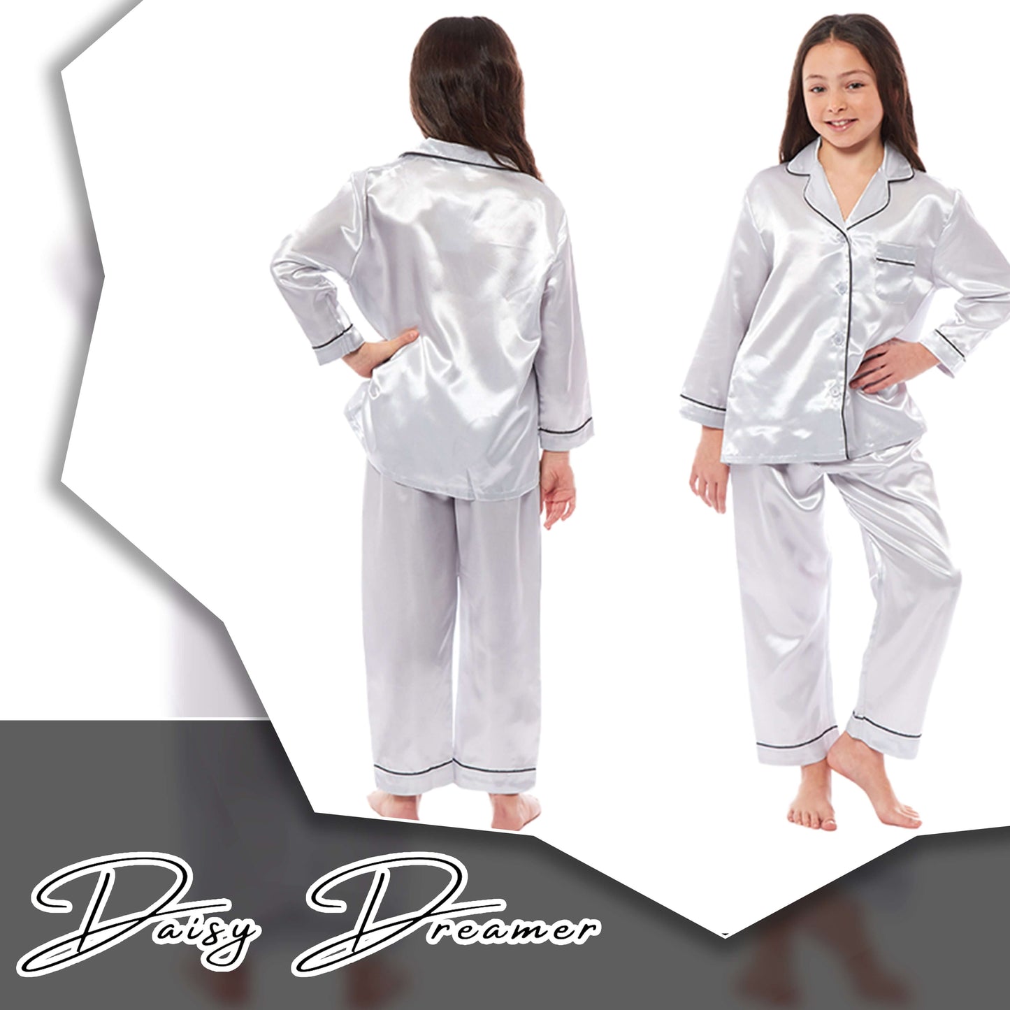 Girls Long Sleeve Satin Silk Pyjama Set Comfortable Button-Down Sleepwear in Black Pink Grey Sizes 5-14 YRS by Daisy Dreamer