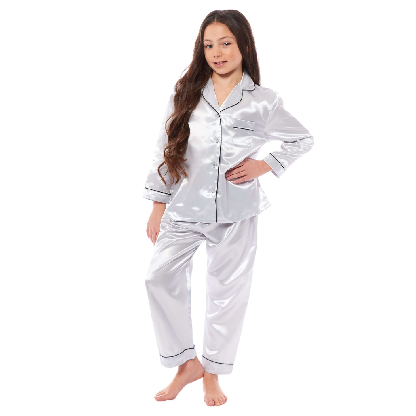 Girls Long Sleeve Satin Silk Pyjama Set Comfortable Button-Down Sleepwear in Black Pink Grey Sizes 5-14 YRS by Daisy Dreamer