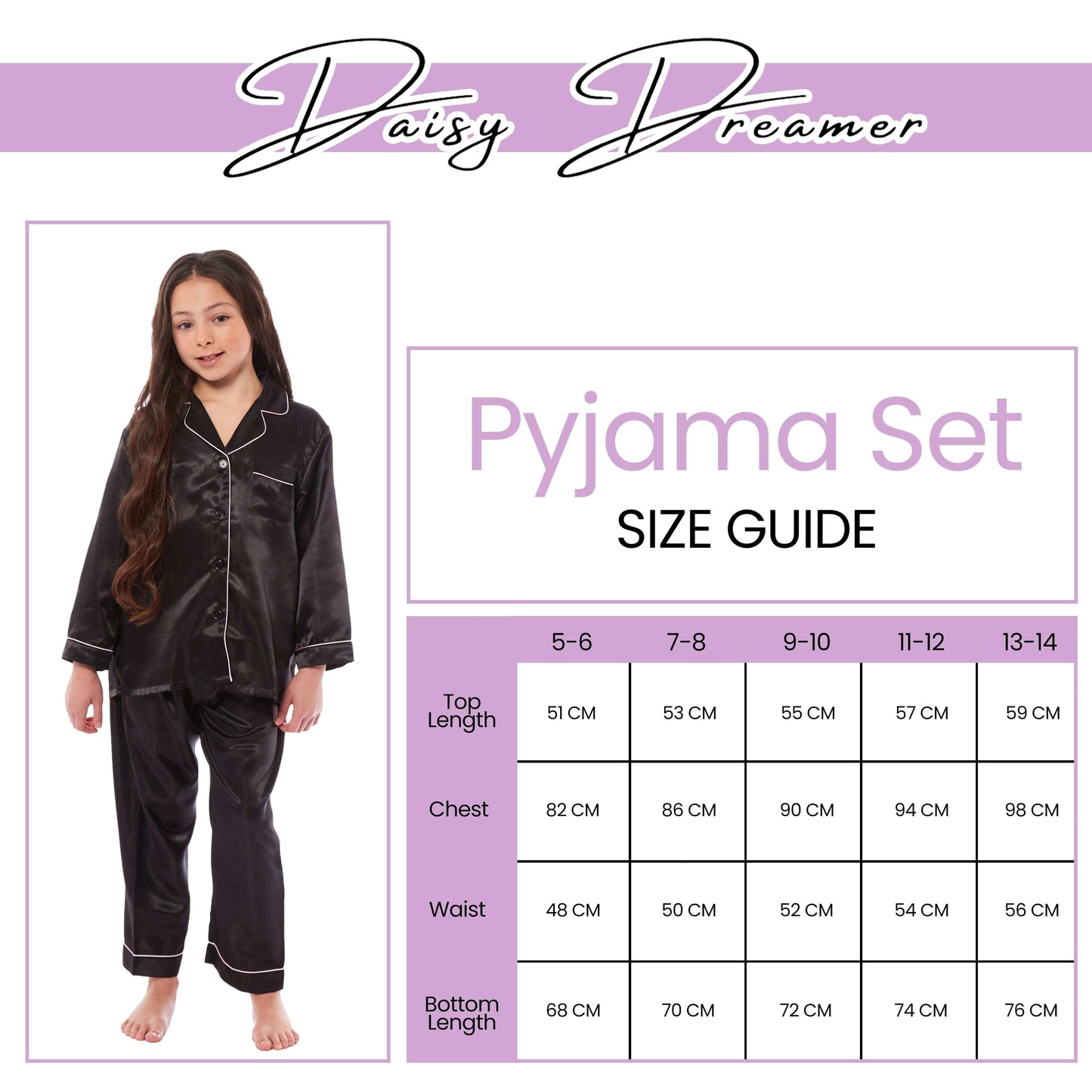 Girls Long Sleeve Satin Silk Pyjama Set Comfortable Button-Down Sleepwear in Black Pink Grey Sizes 5-14 YRS by Daisy Dreamer