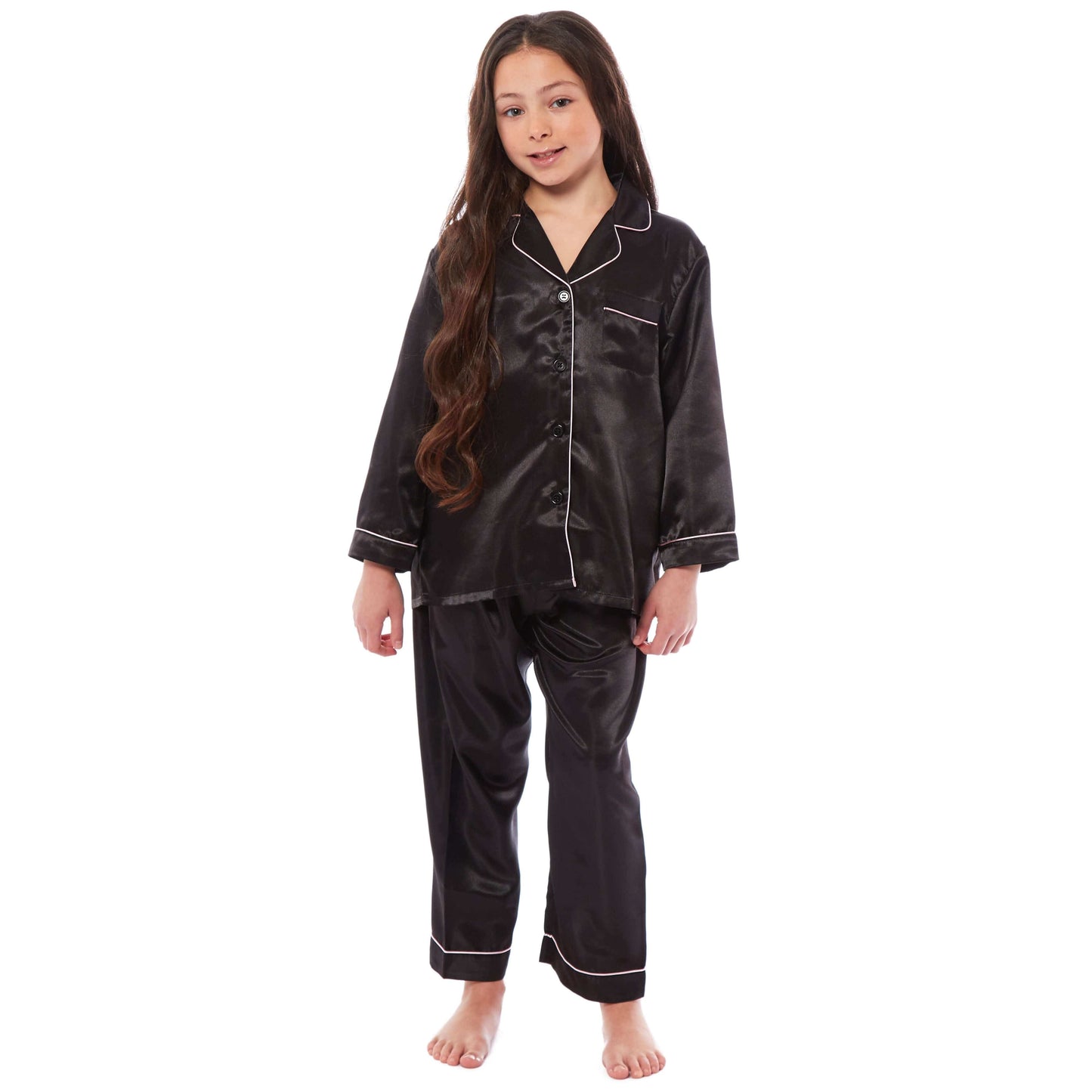 Girls Long Sleeve Satin Silk Pyjama Set Comfortable Button-Down Sleepwear in Black Pink Grey Sizes 5-14 YRS by Daisy Dreamer
