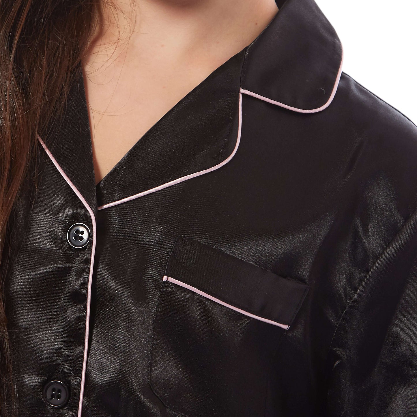 Girls Long Sleeve Satin Silk Pyjama Set Comfortable Button-Down Sleepwear in Black Pink Grey Sizes 5-14 YRS by Daisy Dreamer