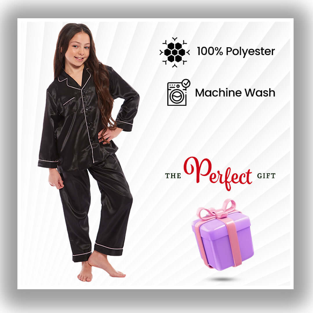 Girls Long Sleeve Satin Silk Pyjama Set Comfortable Button-Down Sleepwear in Black Pink Grey Sizes 5-14 YRS by Daisy Dreamer