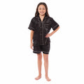OLIVIA ROCCO Girls Satin Silk Short Pyjama Set Button Down Shirt And Loose Fitting Pants Ages 5-14 Black Pink Grey Cozy Nightwear