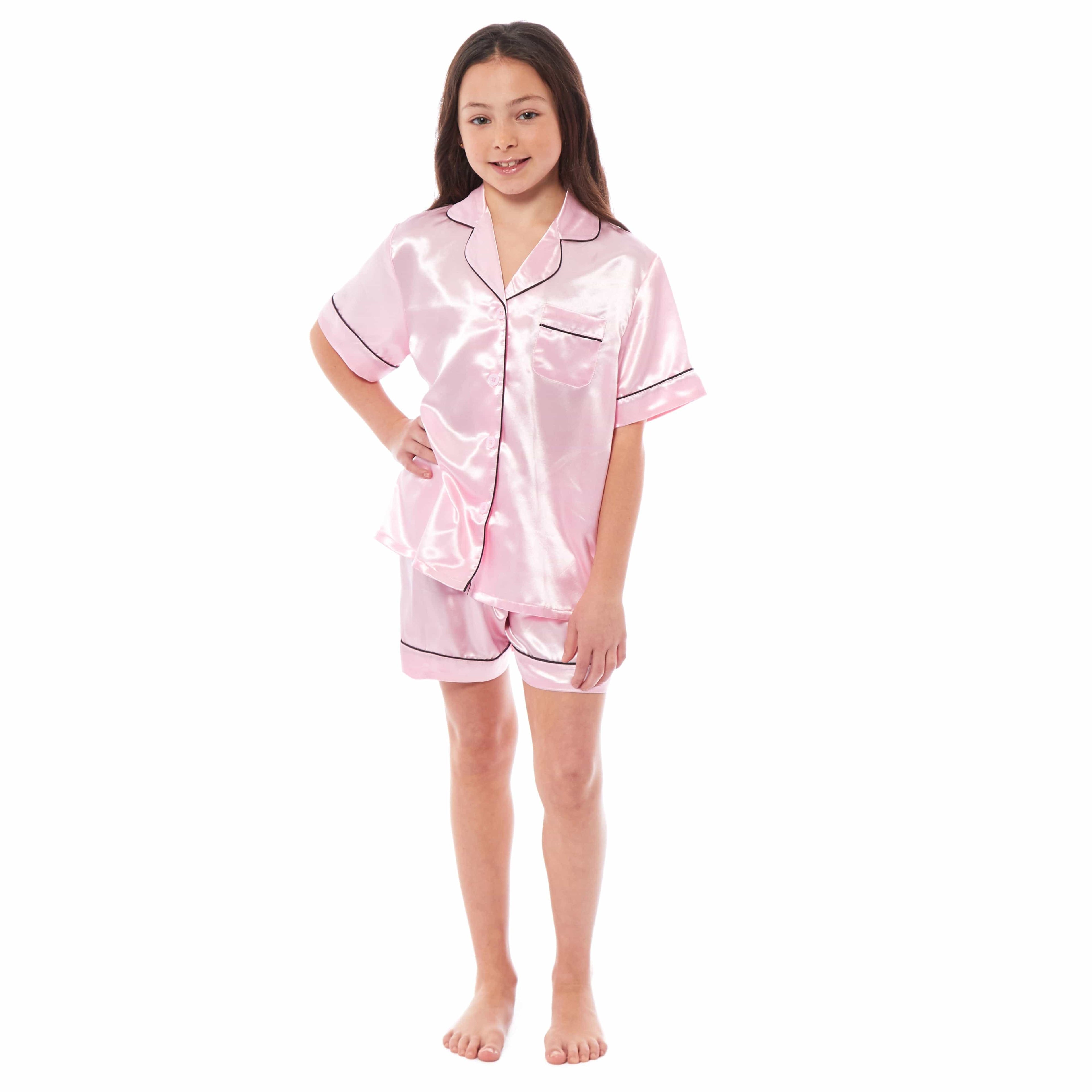 OLIVIA ROCCO Girls Satin Silk Short Pyjama Set Button Down Shirt And Loose Fitting Pants Ages 5-14 Black Pink Grey Cozy Nightwear