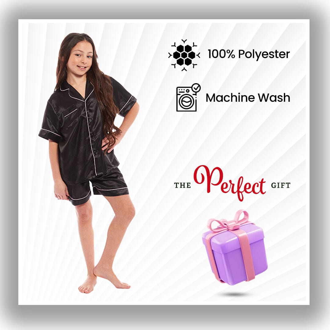OLIVIA ROCCO Girls Satin Silk Short Pyjama Set Button Down Shirt And Loose Fitting Pants Ages 5-14 Black Pink Grey Cozy Nightwear