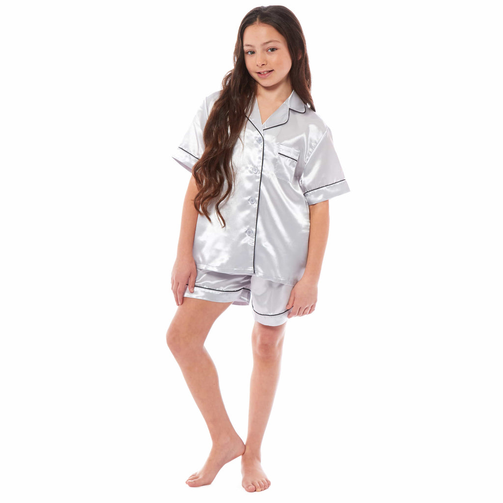 OLIVIA ROCCO Girls Satin Silk Short Pyjama Set Button Down Shirt And Loose Fitting Pants Ages 5-14 Black Pink Grey Cozy Nightwear