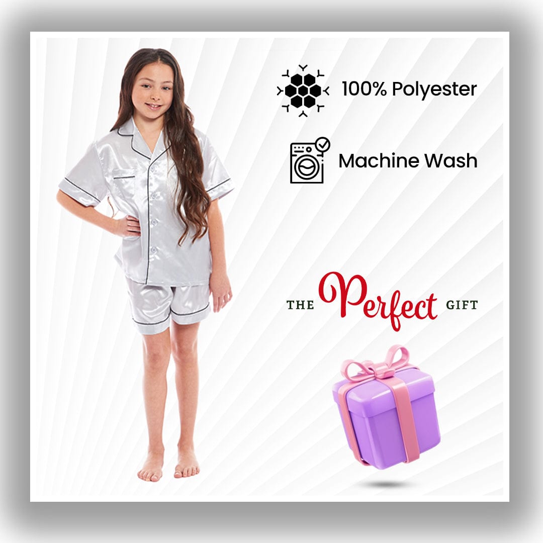 OLIVIA ROCCO Girls Satin Silk Short Pyjama Set Button Down Shirt And Loose Fitting Pants Ages 5-14 Black Pink Grey Cozy Nightwear