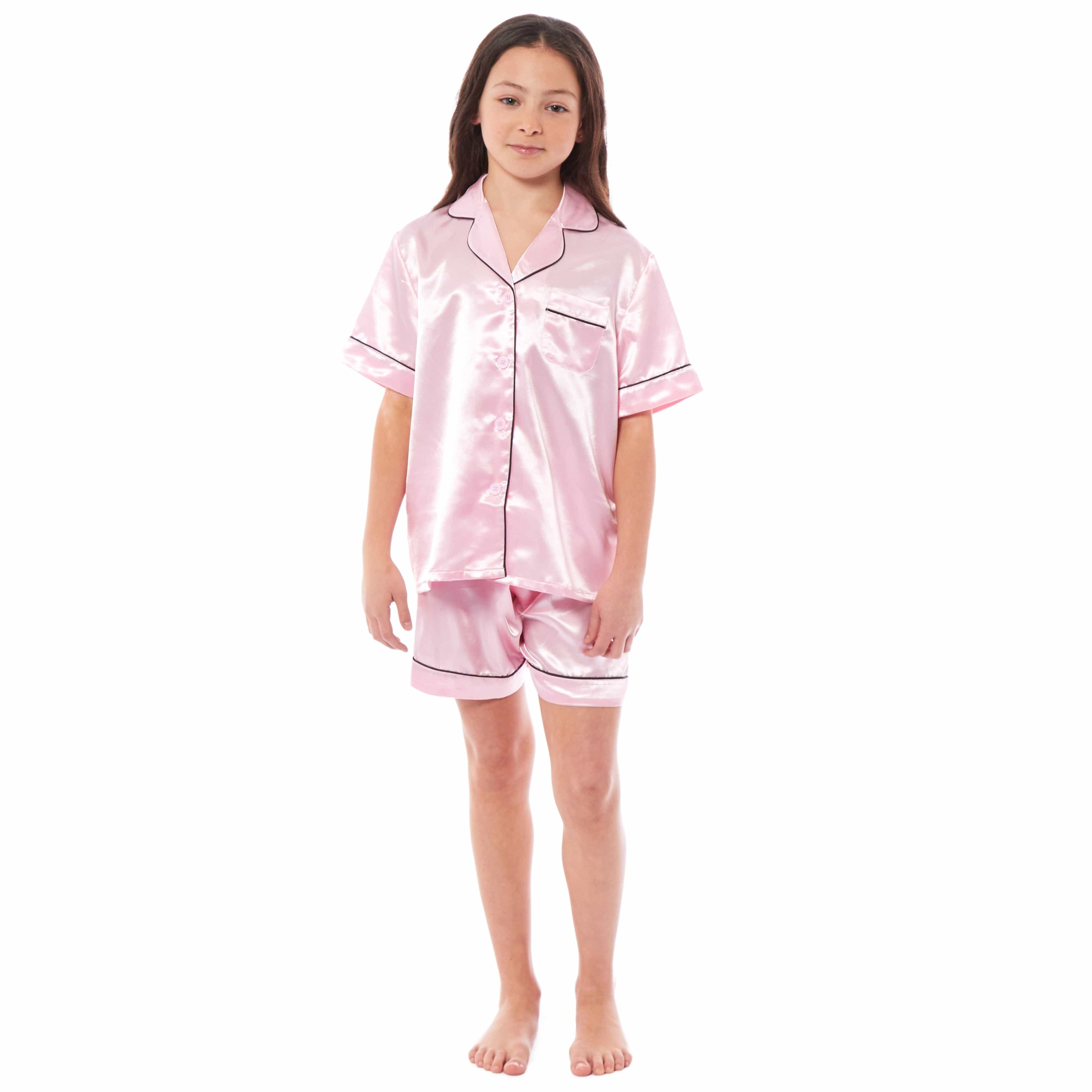 OLIVIA ROCCO Girls Satin Silk Short Pyjama Set Button Down Shirt And Loose Fitting Pants Ages 5-14 Black Pink Grey Cozy Nightwear
