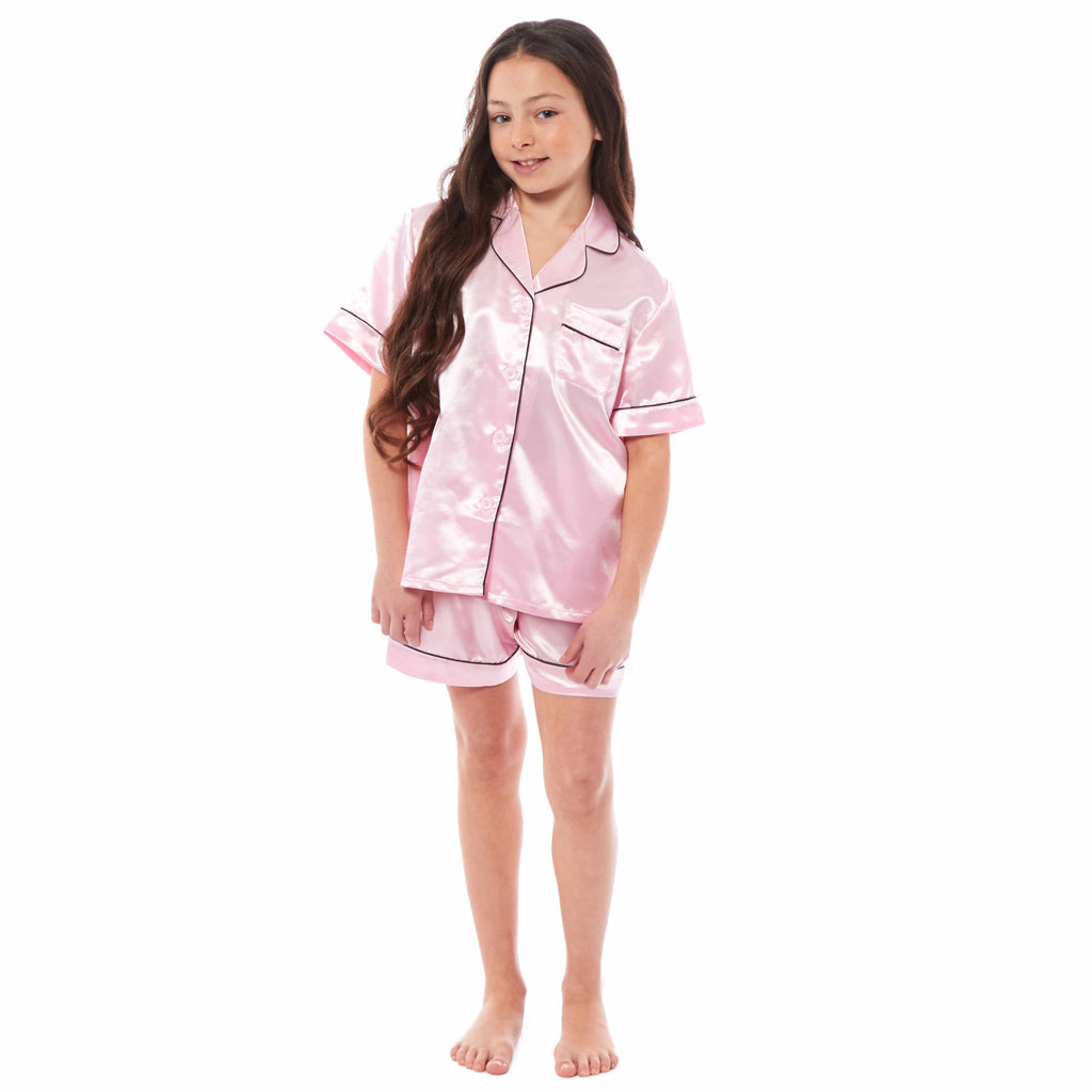 OLIVIA ROCCO Girls Satin Silk Short Pyjama Set Button Down Shirt And Loose Fitting Pants Ages 5-14 Black Pink Grey Cozy Nightwear