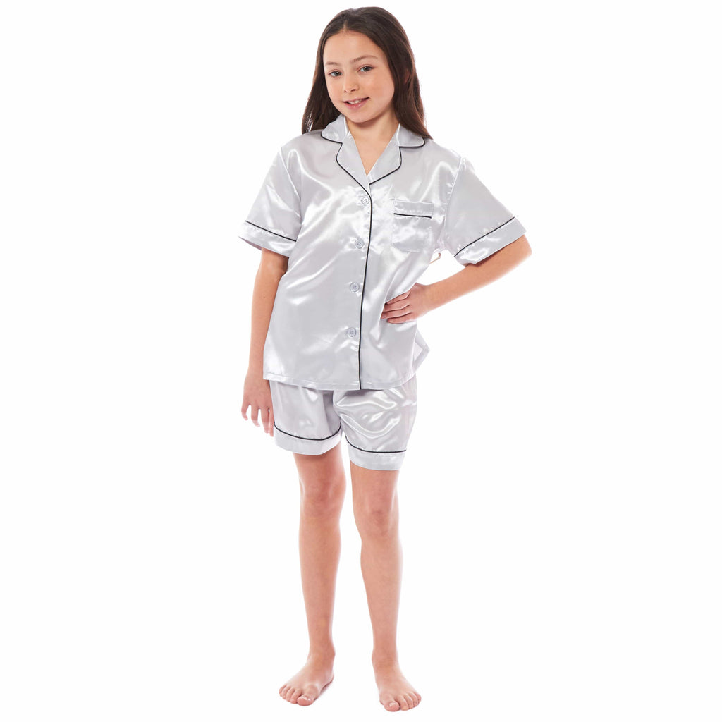 OLIVIA ROCCO Girls Satin Silk Short Pyjama Set Button Down Shirt And Loose Fitting Pants Ages 5-14 Black Pink Grey Cozy Nightwear