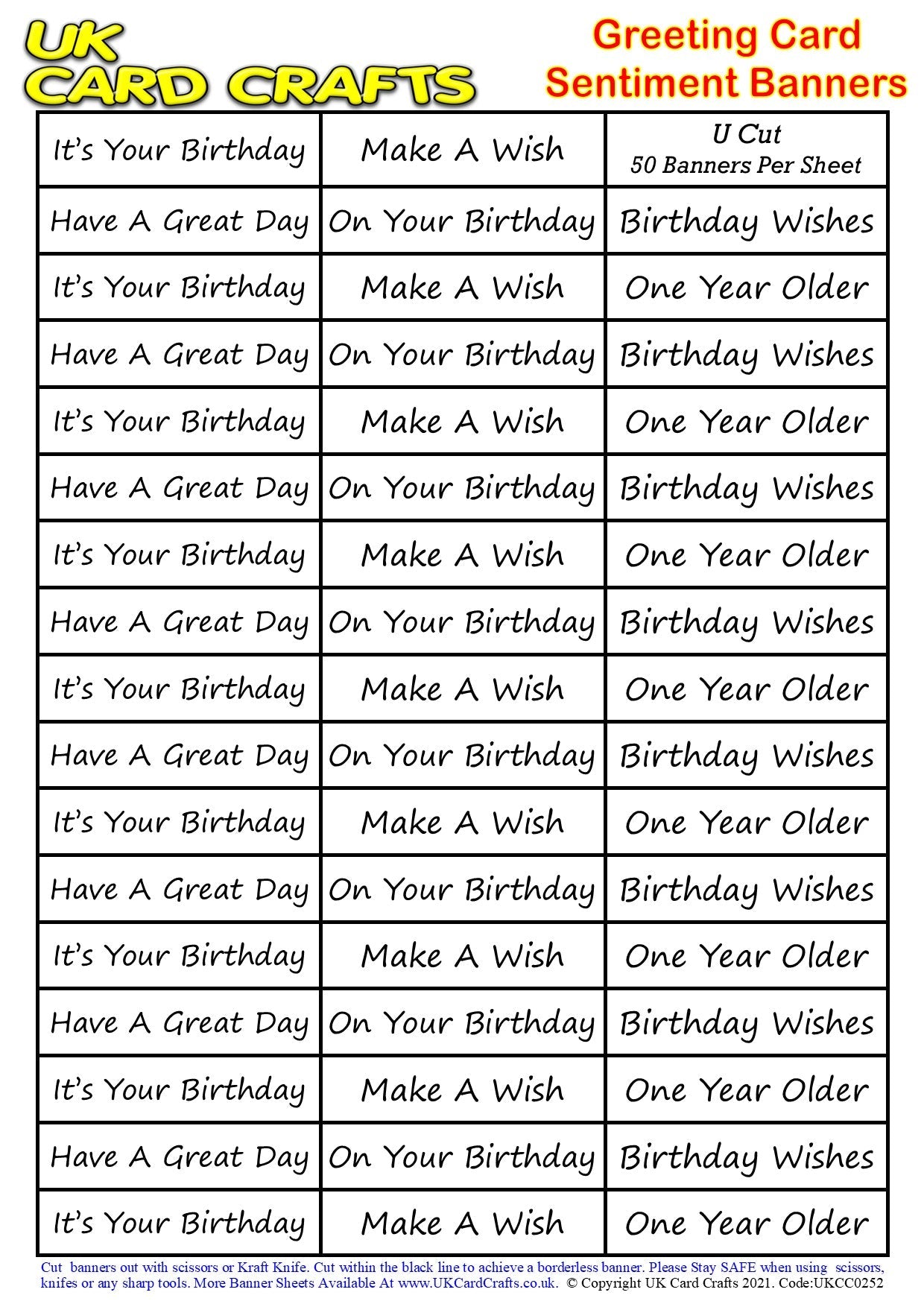 5 x A4 Sheets – 250 General Birthday Sentiment Banners – U Cut by UK Card Crafts