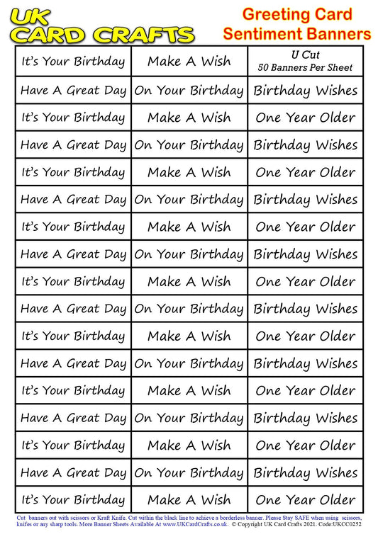 5 x A4 Sheets – 250 General Birthday Sentiment Banners – U Cut by UK Card Crafts