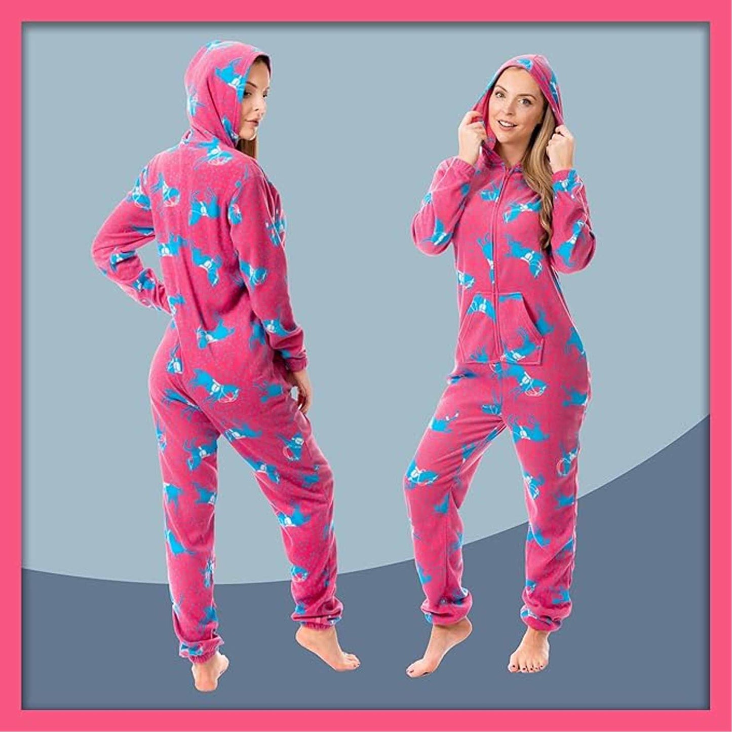 Ladies Soft Horse Print Fleece Hooded Onesie Pyjamas Warm Nightwear Jumpsuit with Zipper Elastic Cuffs Pink Blue Sizes 10-20 by Daisy Dreamer
