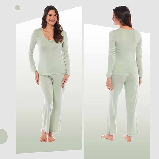 Ladies Ultra Soft Long Sleeve Pyjama Set Stretch Fit Black Green, Cozy All Seasons Loungewear, Viscose Spandex Women's Nightwear UK Sizes 8-22 by Daisy Dreamer