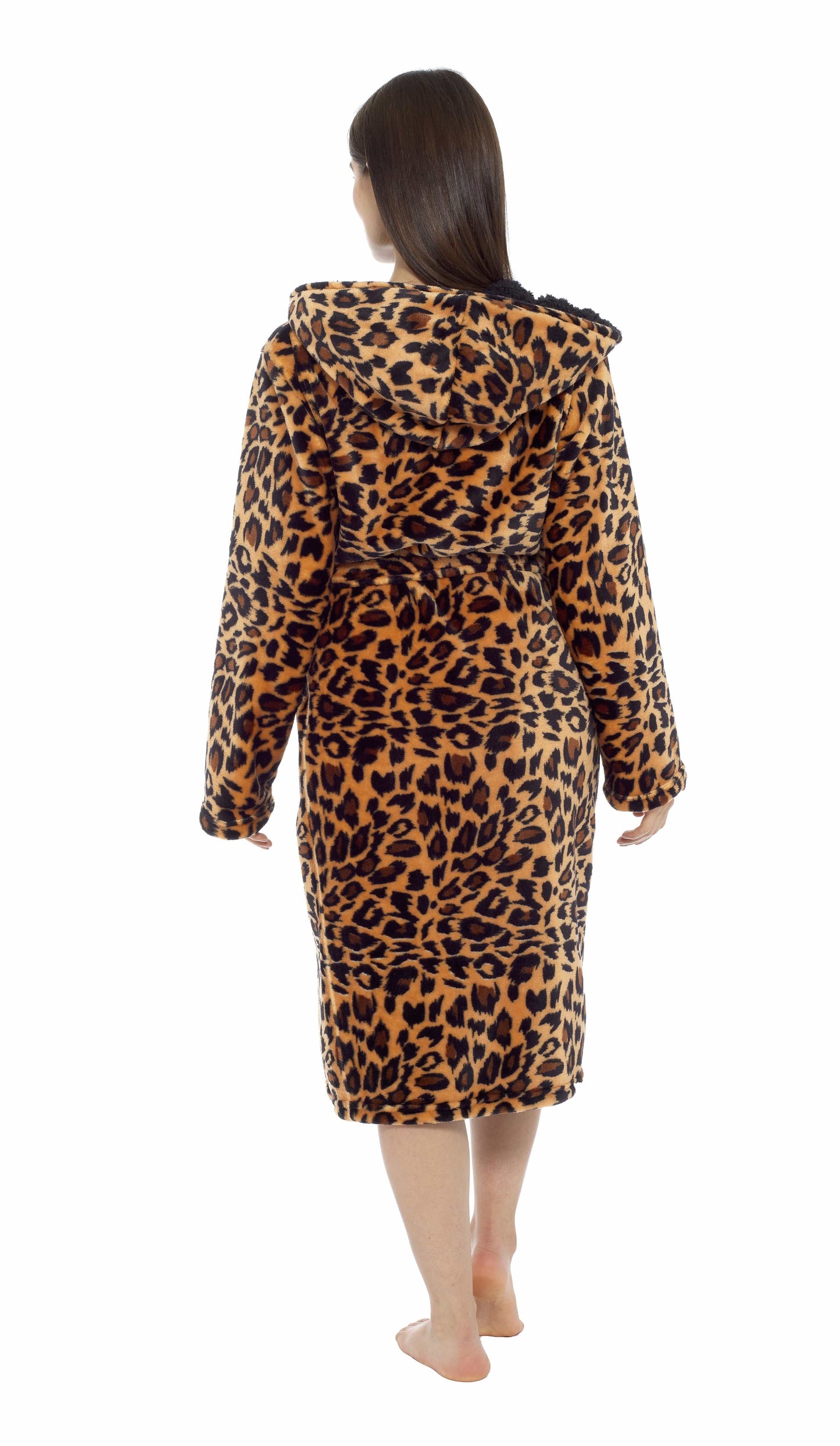 Leopard Print Plush Fleece Hooded Bath Robe with Sherpa Fur by Daisy Dreamer Women's Ultra-Soft Cozy Loungewear in Small Medium Large X-Large