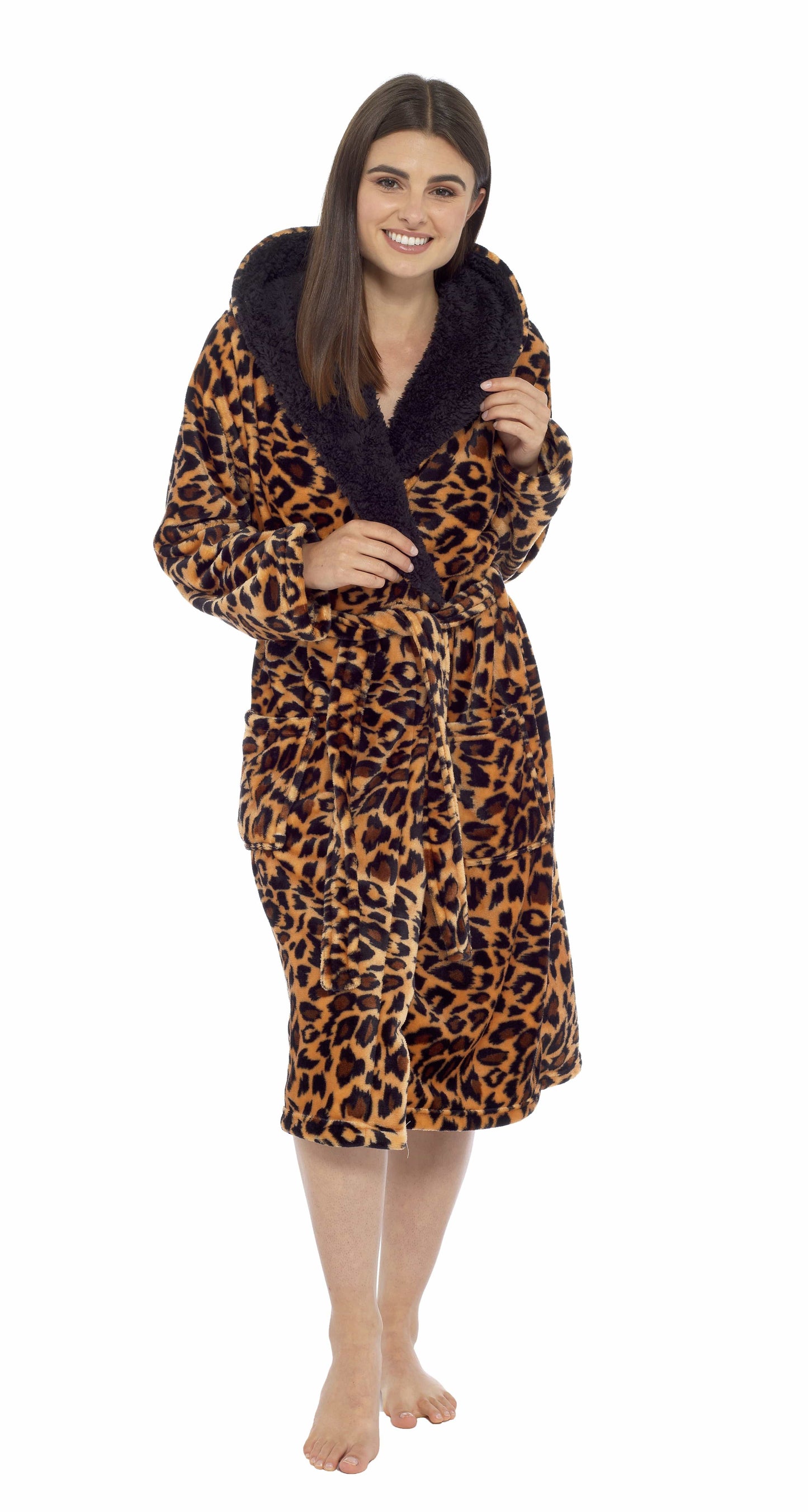 Leopard Print Plush Fleece Hooded Bath Robe with Sherpa Fur by Daisy Dreamer Women's Ultra-Soft Cozy Loungewear in Small Medium Large X-Large