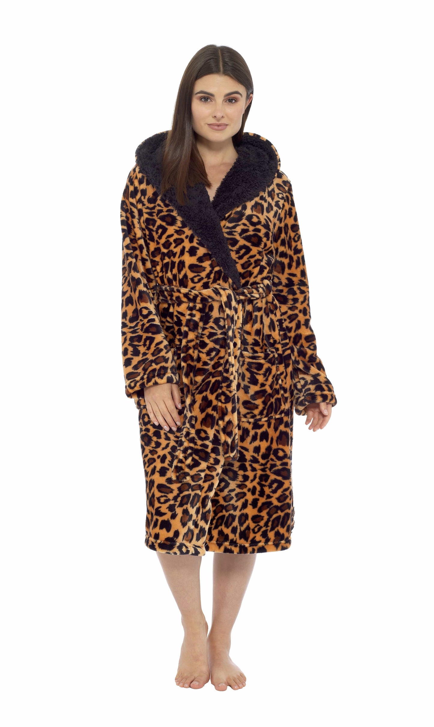 Leopard Print Plush Fleece Hooded Bath Robe with Sherpa Fur by Daisy Dreamer Women's Ultra-Soft Cozy Loungewear in Small Medium Large X-Large