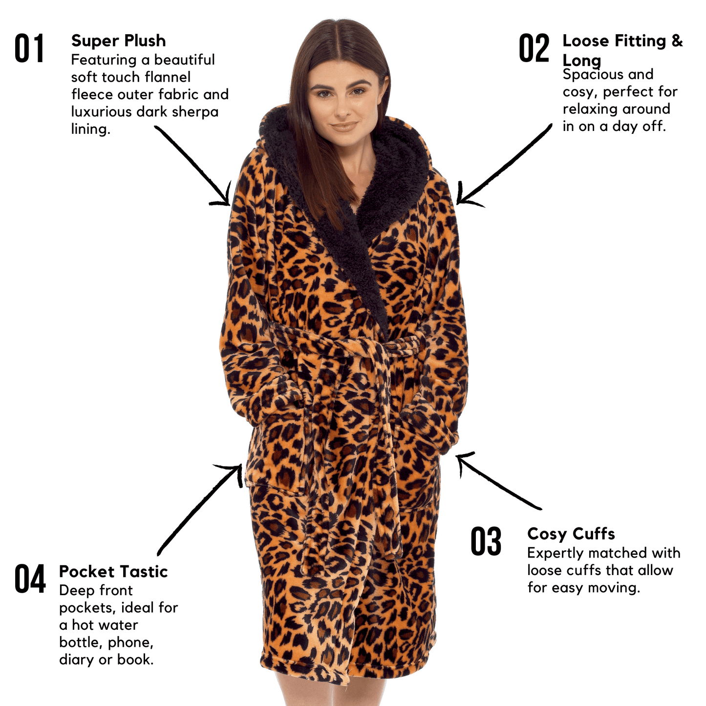 Leopard Print Plush Fleece Hooded Bath Robe with Sherpa Fur by Daisy Dreamer Women's Ultra-Soft Cozy Loungewear in Small Medium Large X-Large