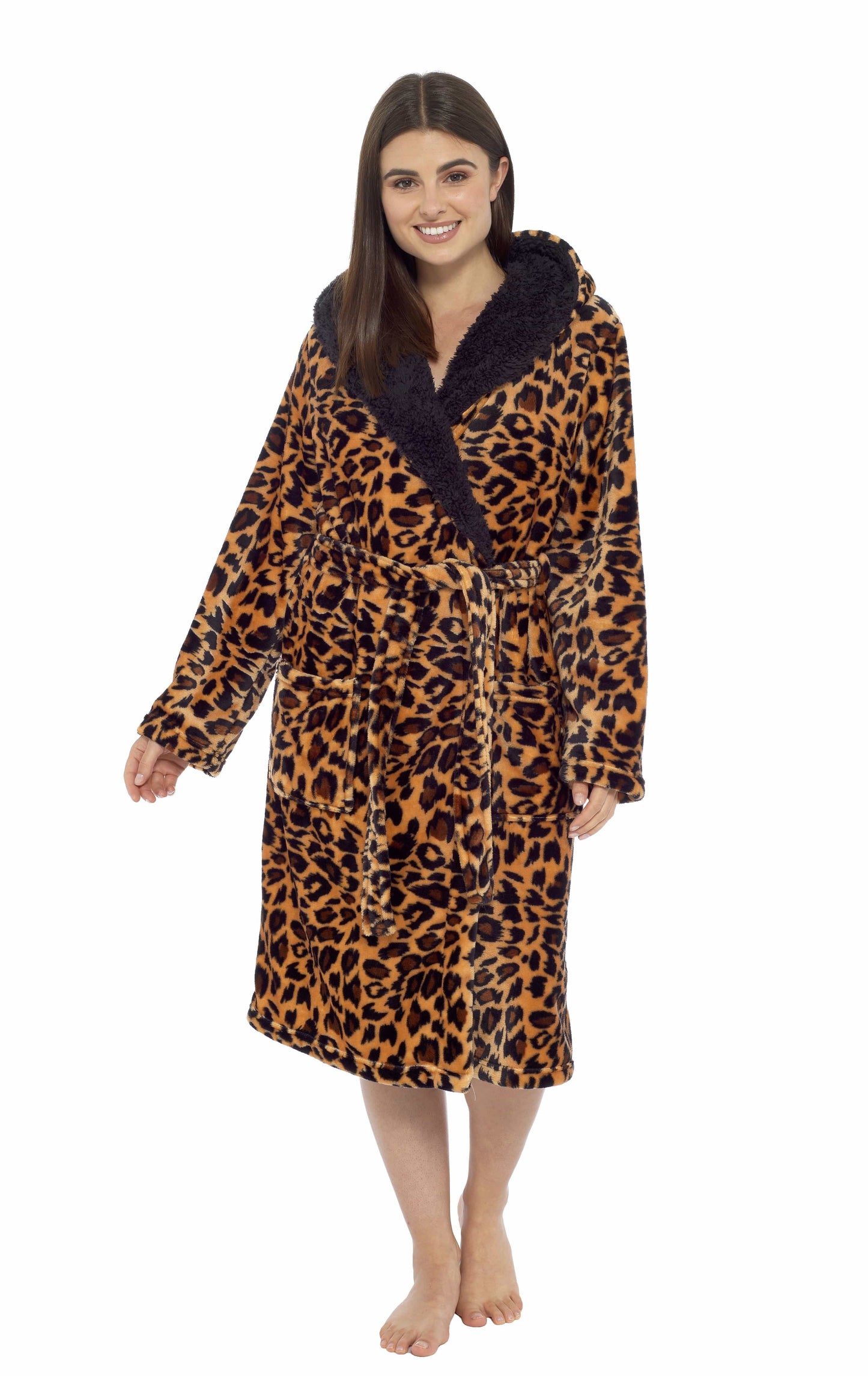 Leopard Print Plush Fleece Hooded Bath Robe with Sherpa Fur by Daisy Dreamer Women's Ultra-Soft Cozy Loungewear in Small Medium Large X-Large