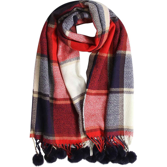 Luxurious Women's Oversized Soft Touch Scarf Blanket with Pom Poms Red and Pink Check Shawl Wrap Warm Winter Fashion 100 Acrylic by Sock Stack