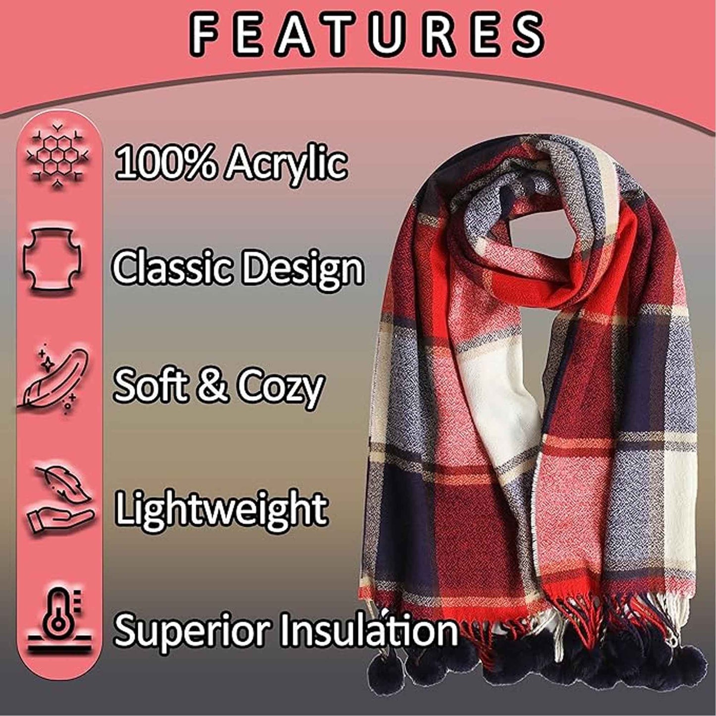 Luxurious Women's Oversized Soft Touch Scarf Blanket with Pom Poms Red and Pink Check Shawl Wrap Warm Winter Fashion 100 Acrylic by Sock Stack