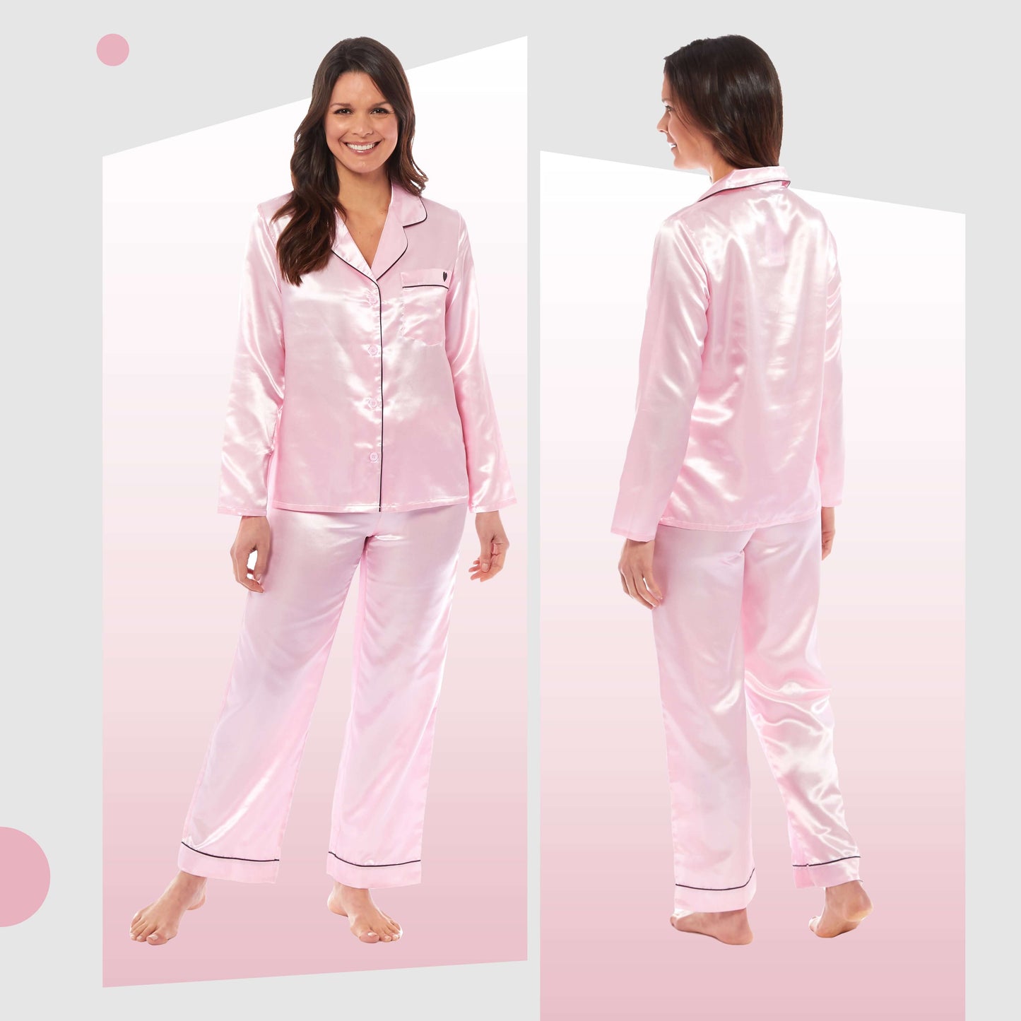 Luxurious Women's Satin Silk Long Sleeve Pyjama Set Cozy Loungewear Nightwear with Dress Shirt Collar and Loose-Fitting Pants in Black Pink Grey by Daisy Dreamer