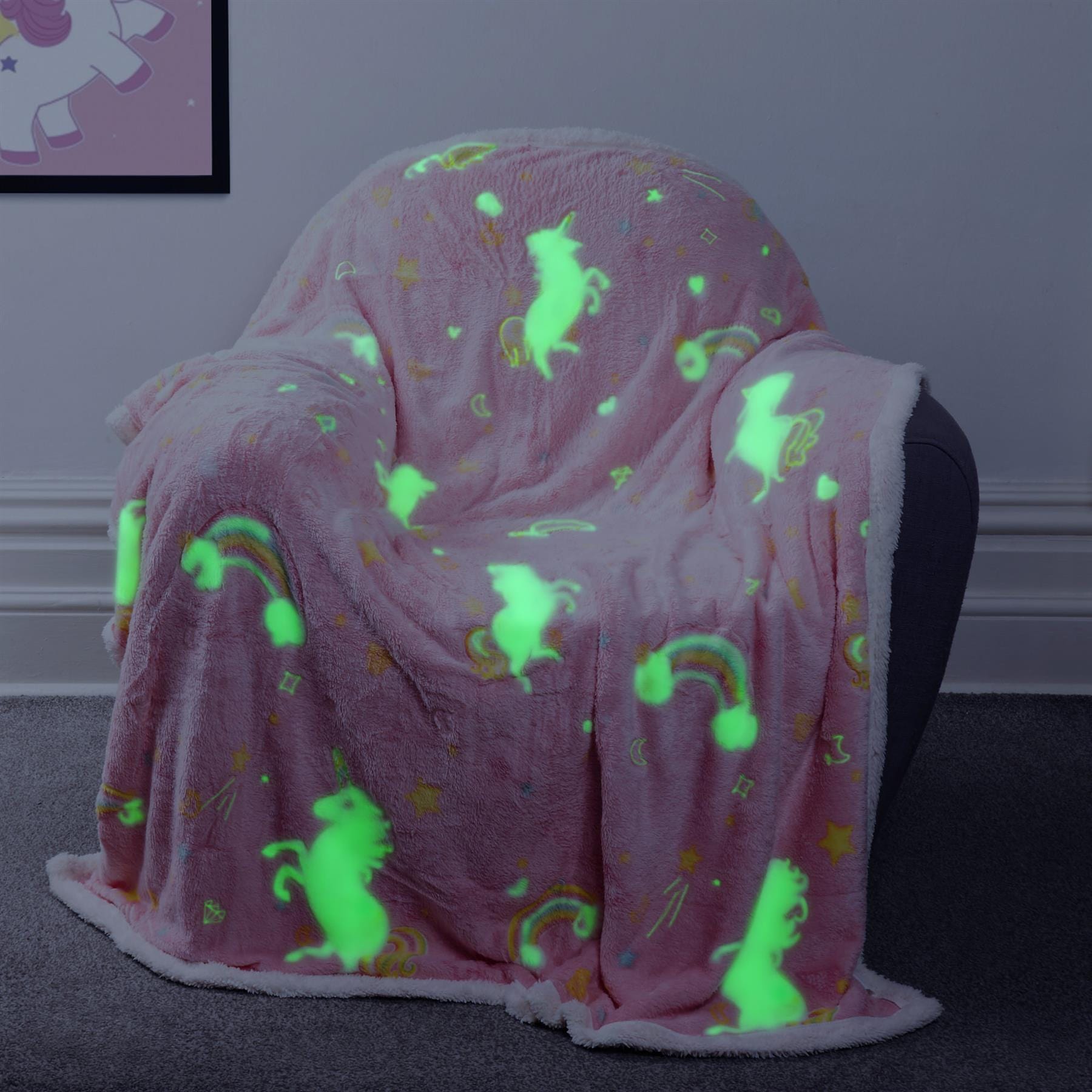 OLIVIA ROCCO Rainbow Unicorn Glow In The Dark Teddy Fleece Duvet Set For Kids Super Soft Cosy Bedding Kids Bedrooms Every Night