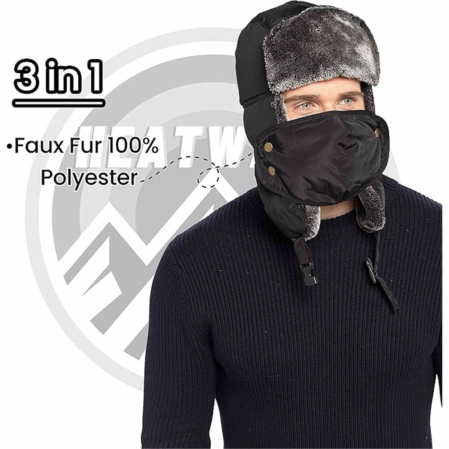 Men's 3 In 1 Waterproof Trapper Hat Face Mask Neck Warmer Ear Flaps Windproof Snowproof Winter Hat for Skiing Snowboarding Outdoor Faux Fur Lining Breathable Polyester One Size Black by Heatwave Thermalwear