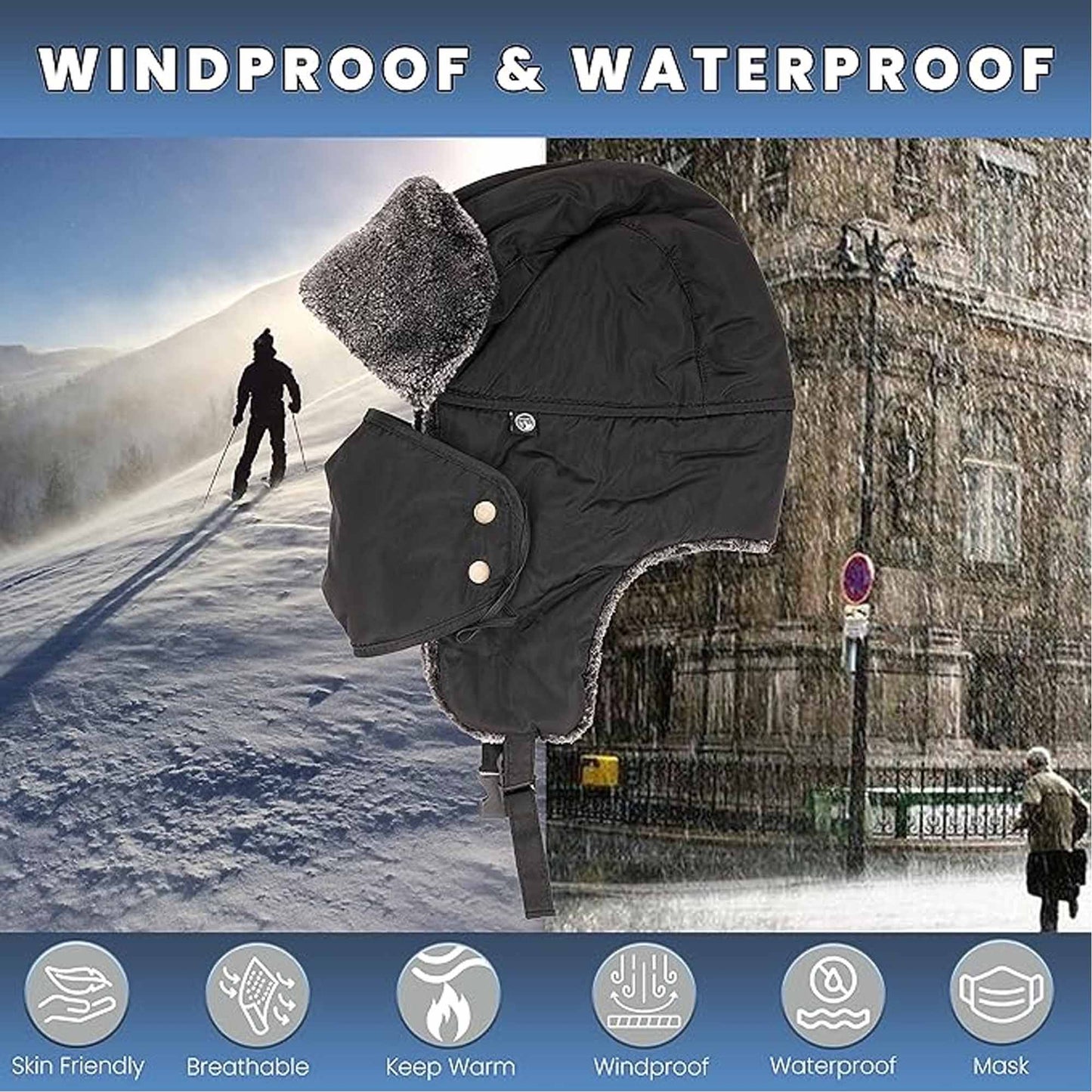 Men's 3 In 1 Waterproof Trapper Hat Face Mask Neck Warmer Ear Flaps Windproof Snowproof Winter Hat for Skiing Snowboarding Outdoor Faux Fur Lining Breathable Polyester One Size Black by Heatwave Thermalwear