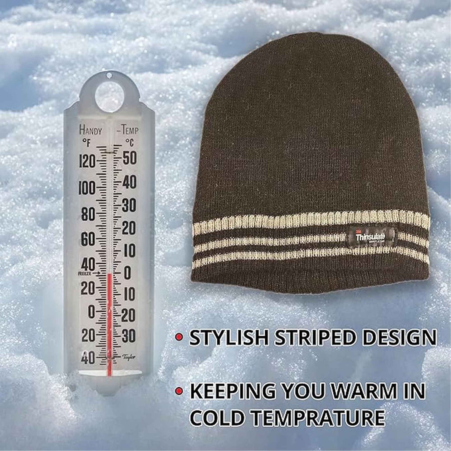 Men's 3M Thinsulate Insulated Fleece Lined Knitted Beanie Hat with Striped Design for Skiing Hiking Camping by Sock Stack