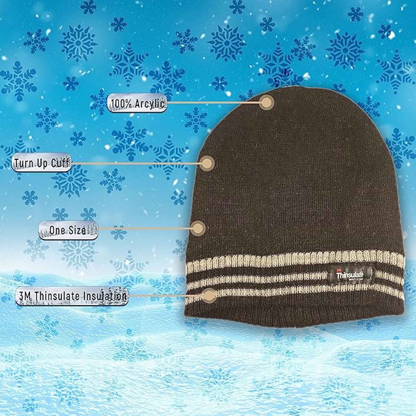 Men's 3M Thinsulate Insulated Fleece Lined Knitted Beanie Hat with Striped Design for Skiing Hiking Camping by Sock Stack