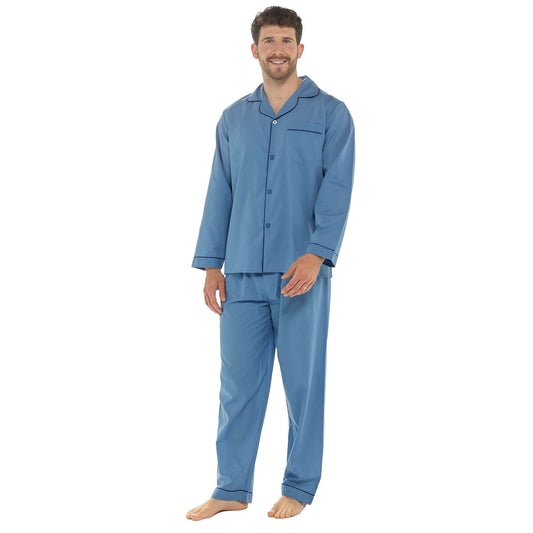 Men's Classic Blue Woven Pyjama Set  Long Sleeve Button Top & Bottoms Easy Care Nightwear Sleepwear by Sock Stack