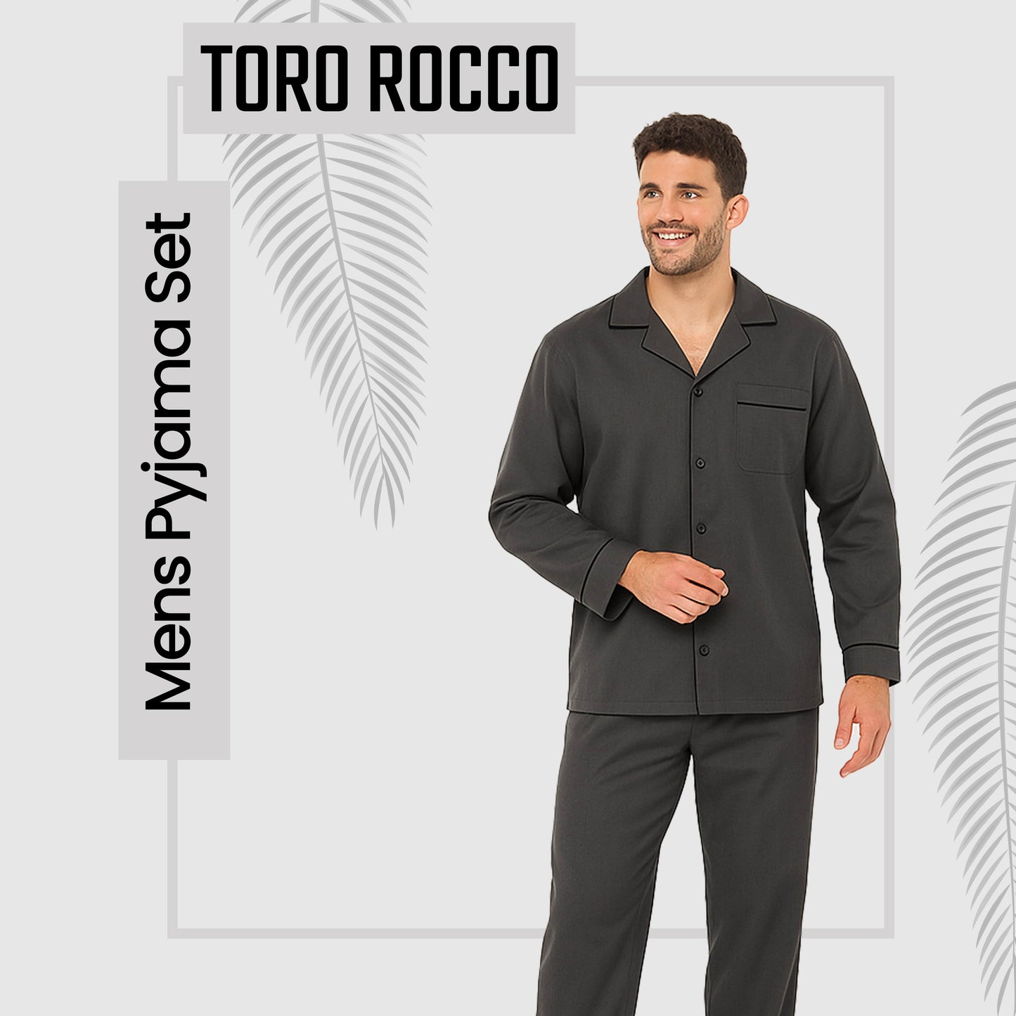 Men's Classic Charcoal Woven Pyjama Set Long Sleeve Button Top & Bottoms Easy Care Nightwear Sleepwear by Sock Stack