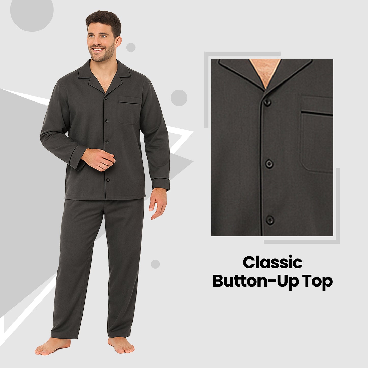 Men's Classic Charcoal Woven Pyjama Set Long Sleeve Button Top & Bottoms Easy Care Nightwear Sleepwear by Sock Stack