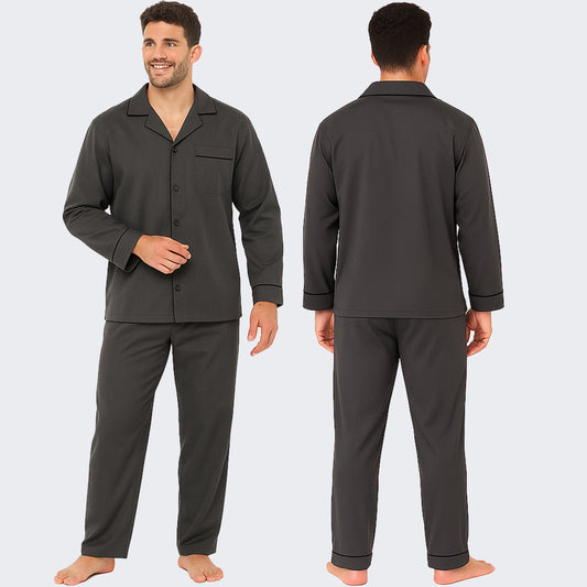 Men's Classic Charcoal Woven Pyjama Set Long Sleeve Button Top & Bottoms Easy Care Nightwear Sleepwear by Sock Stack