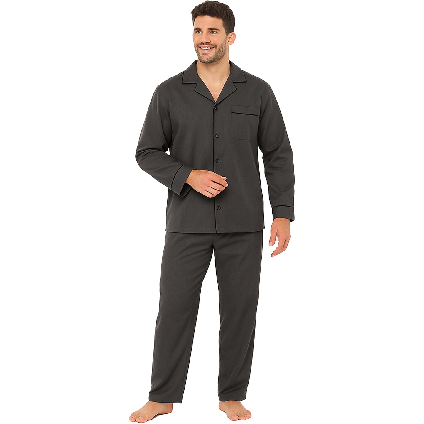 Men's Classic Charcoal Woven Pyjama Set Long Sleeve Button Top & Bottoms Easy Care Nightwear Sleepwear by Sock Stack