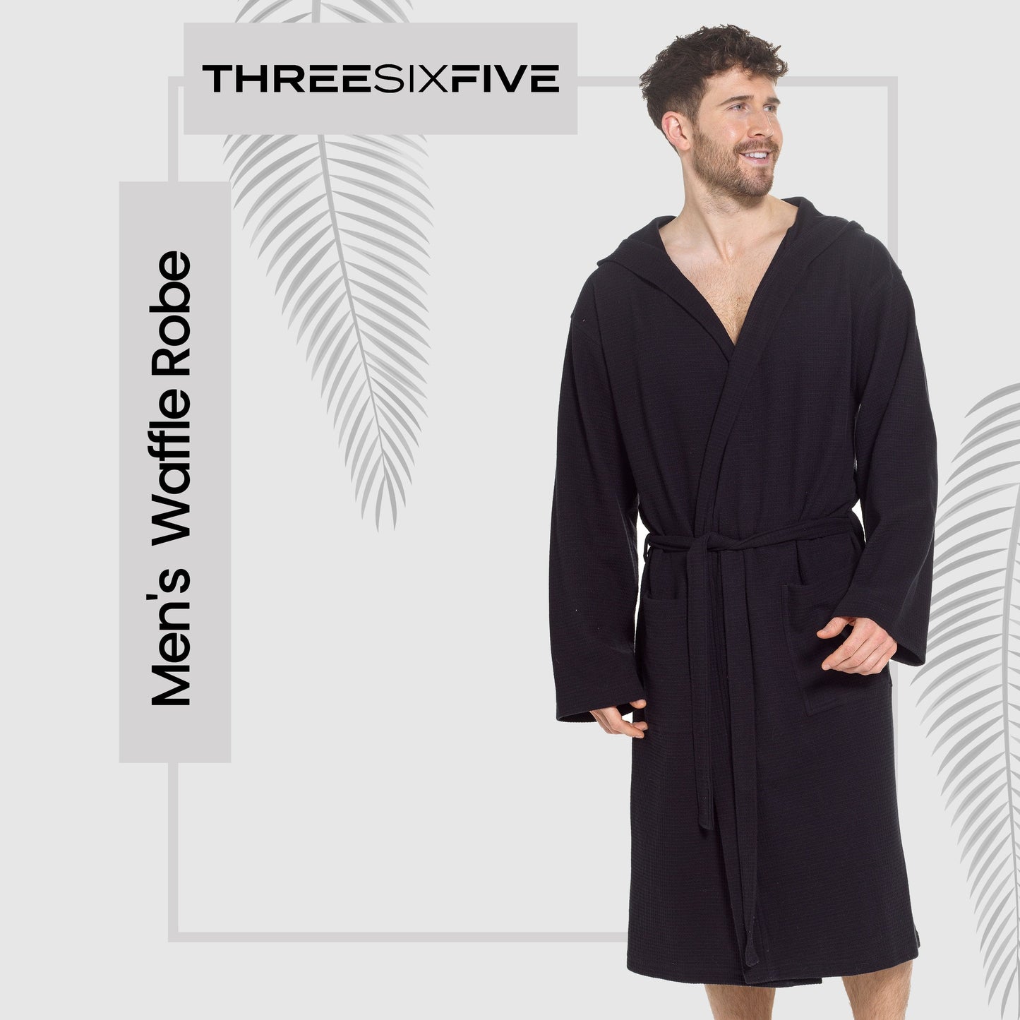 Men’s Hooded Waffle Cotton Bathrobe Black Super Absorbent Spa Robe Luxury Dressing Gown for Home & Loungewear by Sock Stack