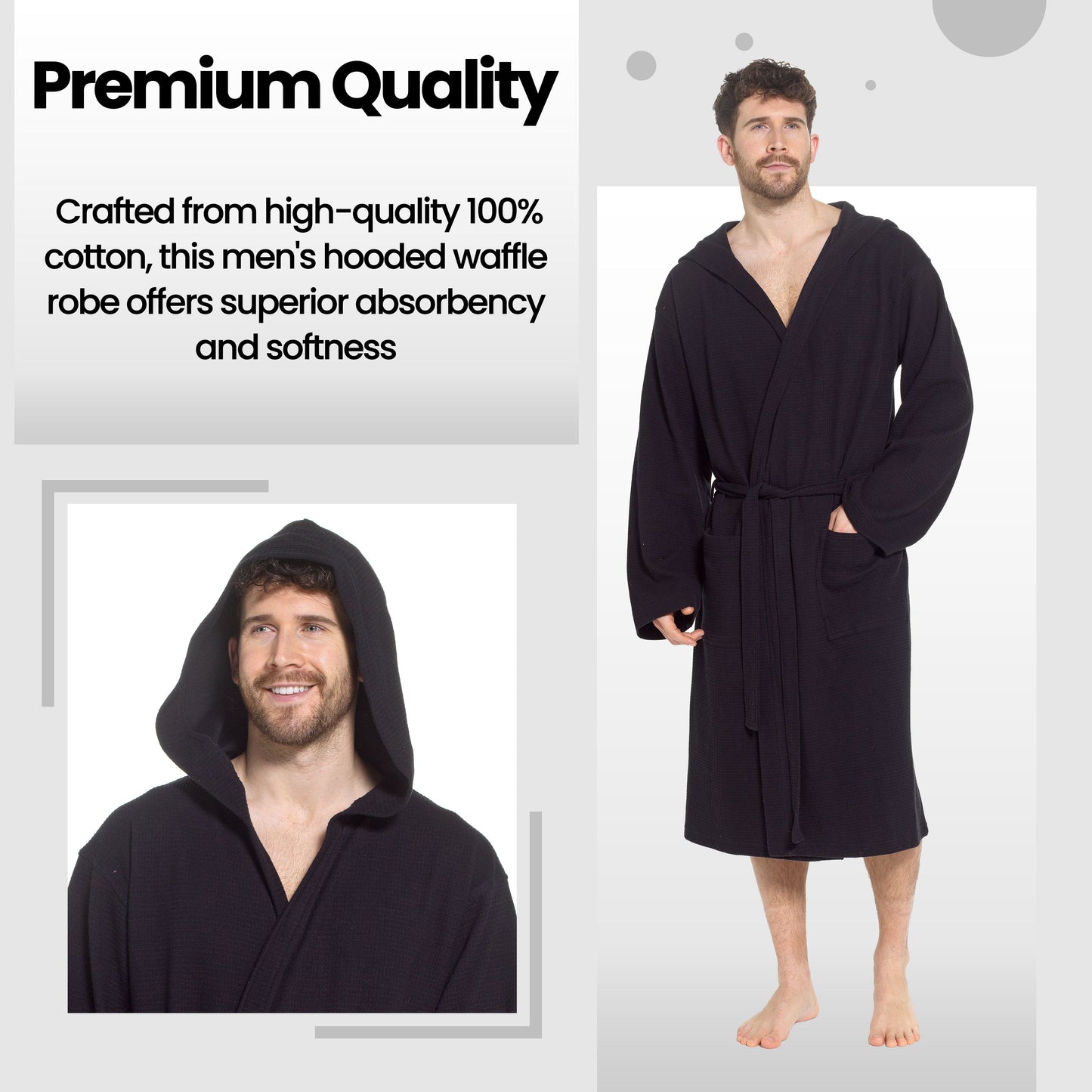 Men’s Hooded Waffle Cotton Bathrobe Black Super Absorbent Spa Robe Luxury Dressing Gown for Home & Loungewear by Sock Stack
