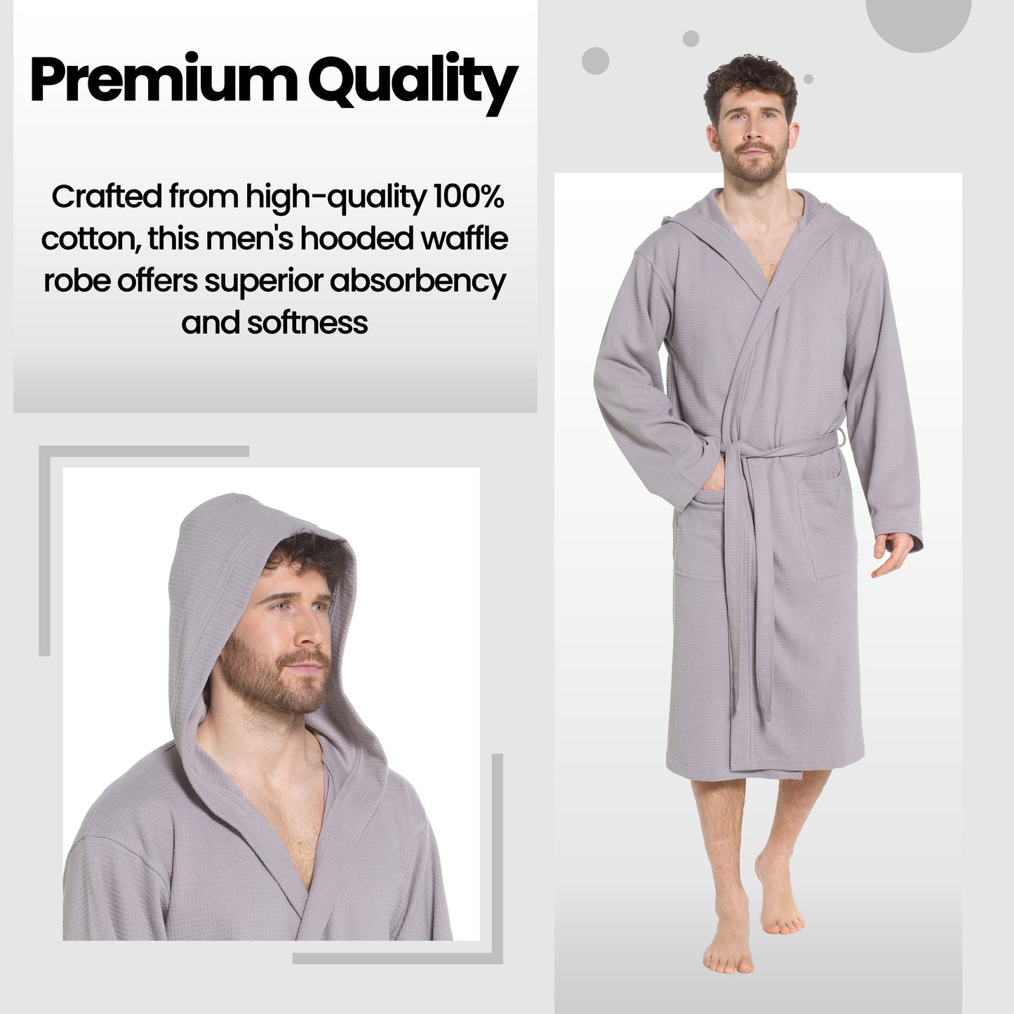 Men’s Hooded Waffle Cotton Bathrobe Grey Super Absorbent Spa Robe Luxury Dressing Gown for Home & Loungewear by Sock Stack