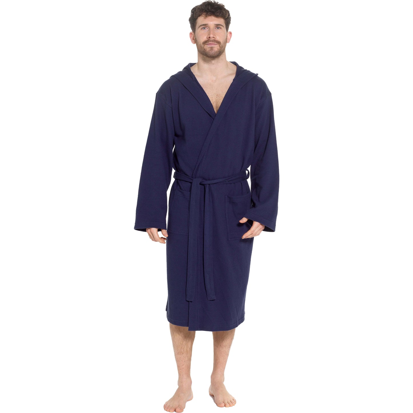 Men’s Hooded Waffle Cotton Bathrobe Navy Super Absorbent Spa Robe Luxury Dressing Gown for Home & Loungewear by Sock Stack